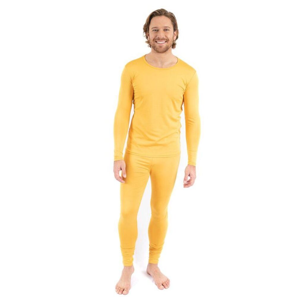 Leveret Mens Two Piece Thermal Pajamas Solid Mustard S